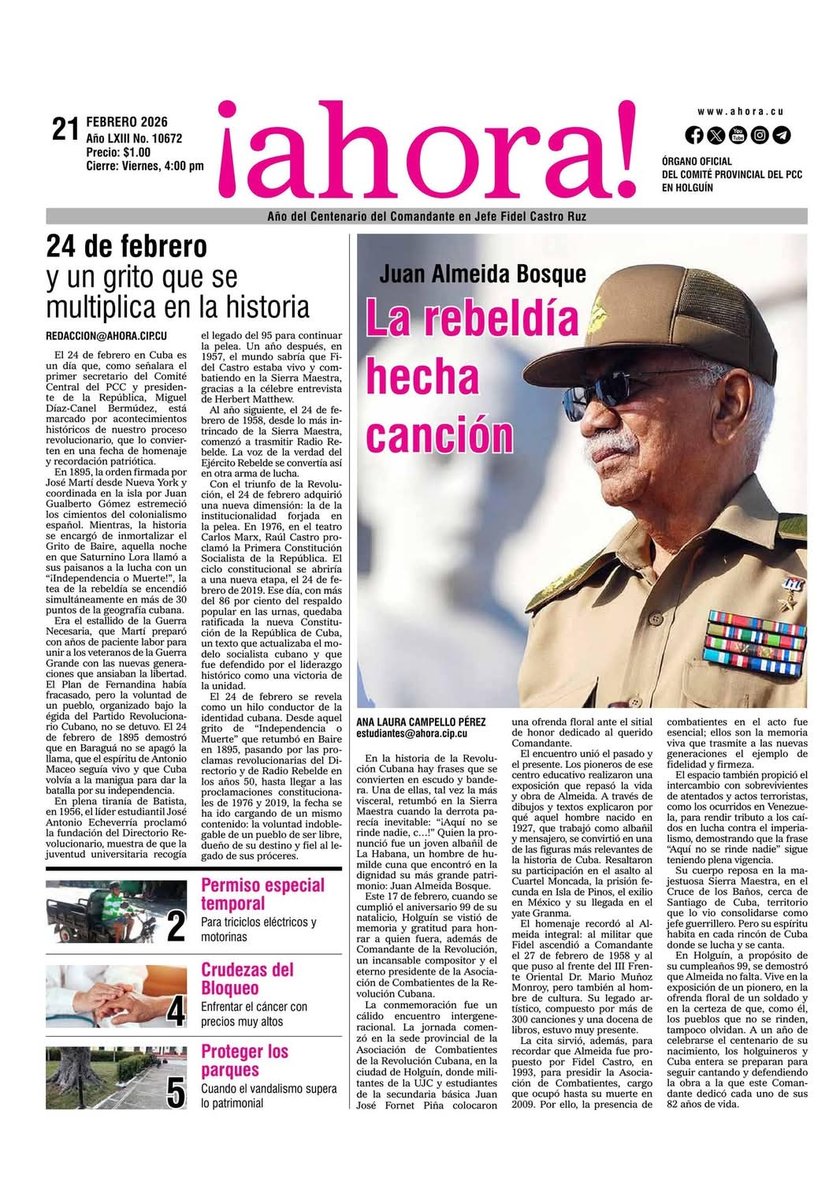 Portada del periódico ¡ahora! en #Holguin: 24 de febrero y un grito que se multiplica en la historia. Viva #CubaSoberana