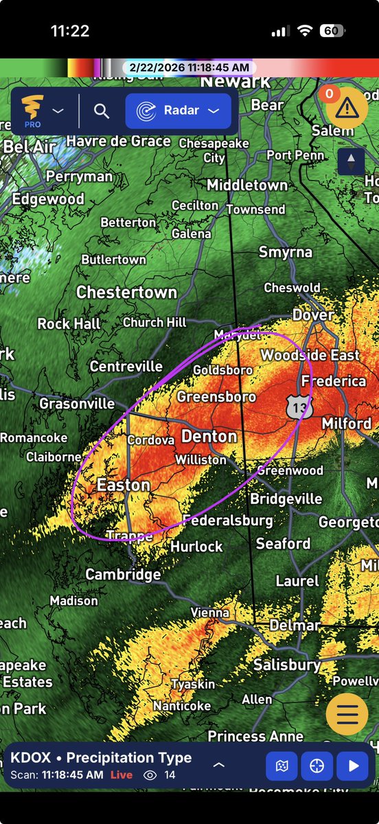 MDDEWX's tweet photo. Snow is already making it to the surface in Talbot and Caroline counties… right where the heavy precip is showing up on radar as rain. It’s actually moderate snow. Confirmed by the MDOT Denton camera. https://t.co/hUyQLXKzU5