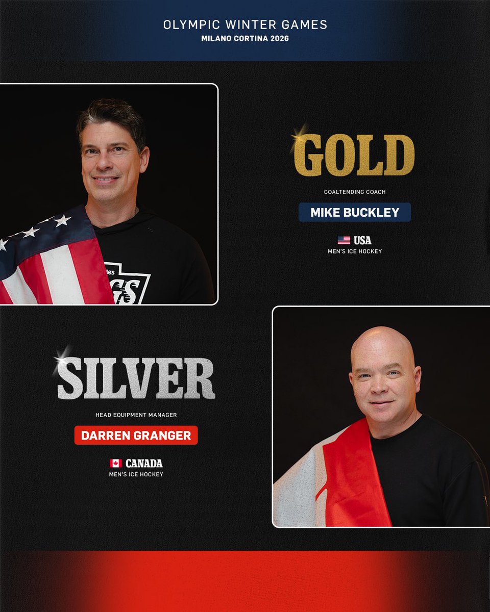 LAKings's tweet image. Congrats to Goaltending Coach Mike Buckley 🇺🇸 and Head Equipment Manager Darren Granger 🇨🇦 on the medals for their teams at the #WinterOlympics #MilanoCortina2026!