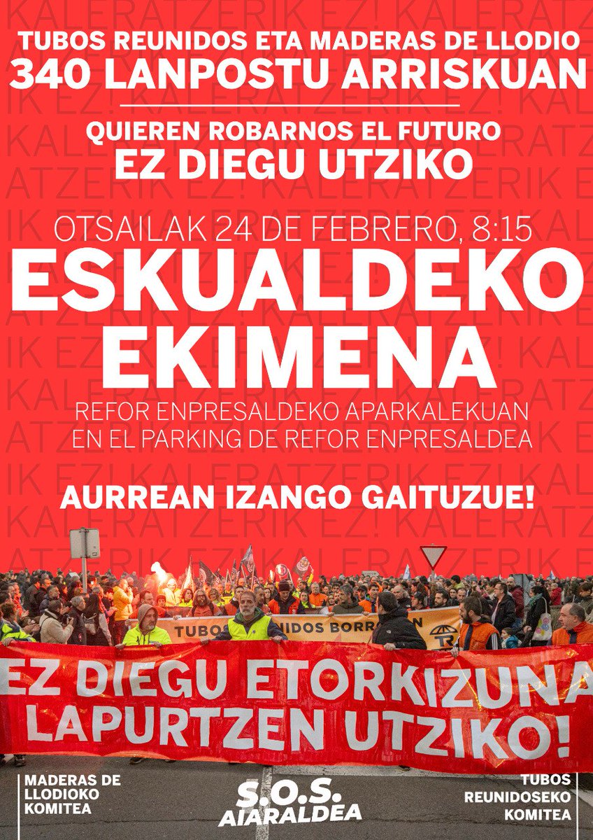 Ostiralean esan bezala, astearte honetan Reforrera joango gara Aiaraldeko Garapen Industrialaren aldeko Mahaira, eskualdeak bizi duen egoeraren erantzuleak eta konplizeak seinalatzera.

🔊 ESKUALDEKO EKIMENA 🔊

🗓️ Otsailak 24

🕣 8:15

📍 Refor 

Aurrean izango gaituzue! ✊✊✊