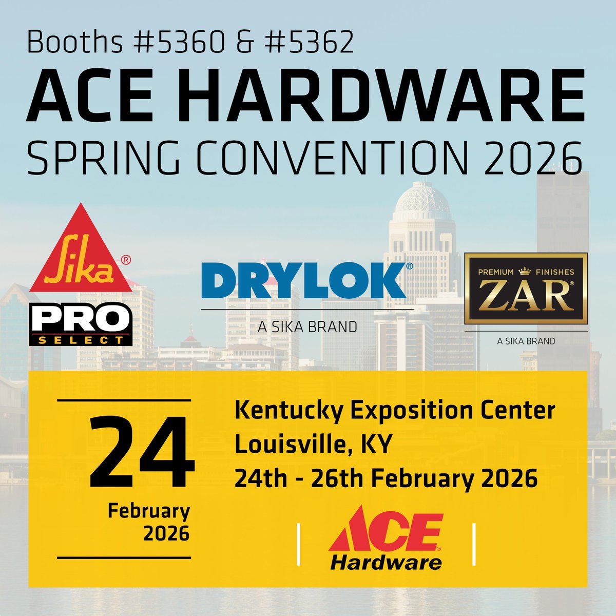 Sika_USA's tweet photo. This week, we'll be in Louisville, KY for the Ace Hardware Spring Convention 2026! ๐ ๏ธ๐
Come meet with our team February 24-26 at the Kentucky Exposition Center. Find us at Booth #'s 5360 & 5362.
For more, go to: https://t.co/QBJepeoSy2
#Ace #Sika #ProSelect #Drylok #Zar https://t.co/0Pc0JcalHP