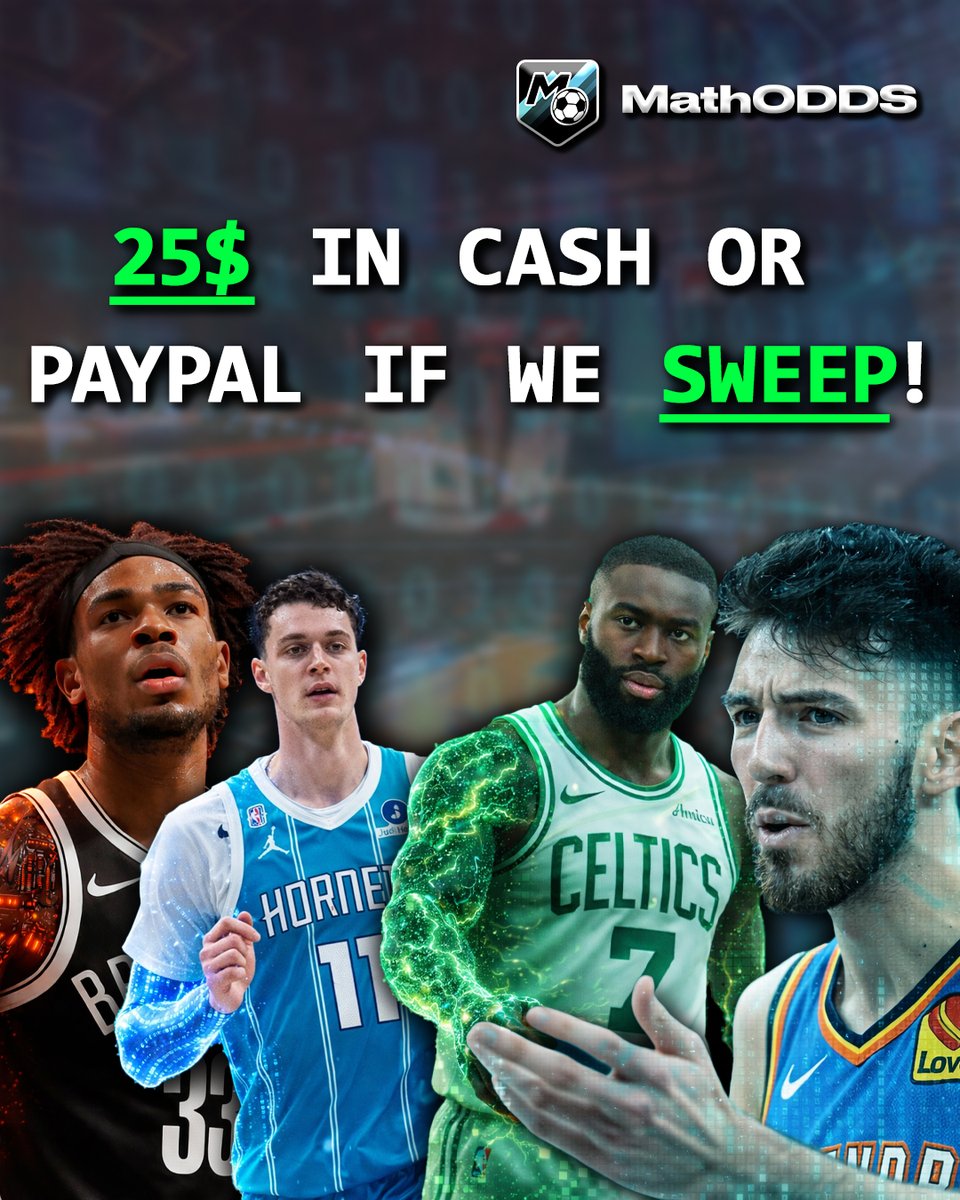 25$ to someone who likes, RTs (double chance) and follows if we sweep the NBA with my bros <a href="/picksbyangel/">Angel</a> and <a href="/KashyLocks/">Ka$hy💰</a> 🤞

- Nic Claxton (BKN) - Over 17.5 PRs
- Jaylen Brown (BOS) - Over 27.5 PTS
- Ryan Kalkbrenner (CHA) - Over 7.5 REBS
- Chet Holmgren (OKC) - Under 18.5 PTS