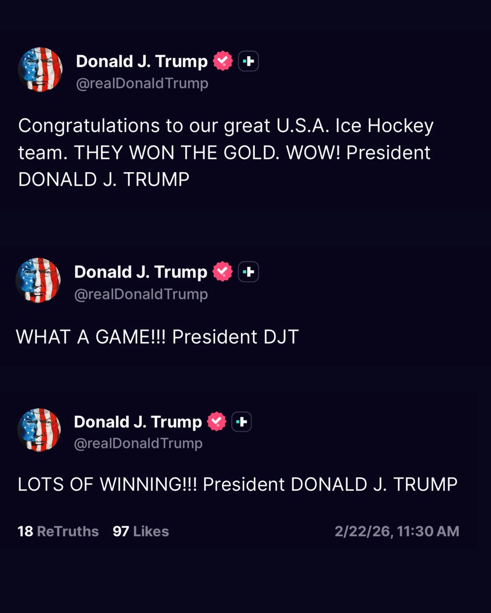 nicksortor's tweet photo. 🚨 JUST IN: President Trump is absolutely PUMPED for Team USA’s victory over Canada, making SEVERAL posts congratulating them

These guys TRULY deserve this honor! 🇺🇸 https://t.co/PJjB5Y3ETm