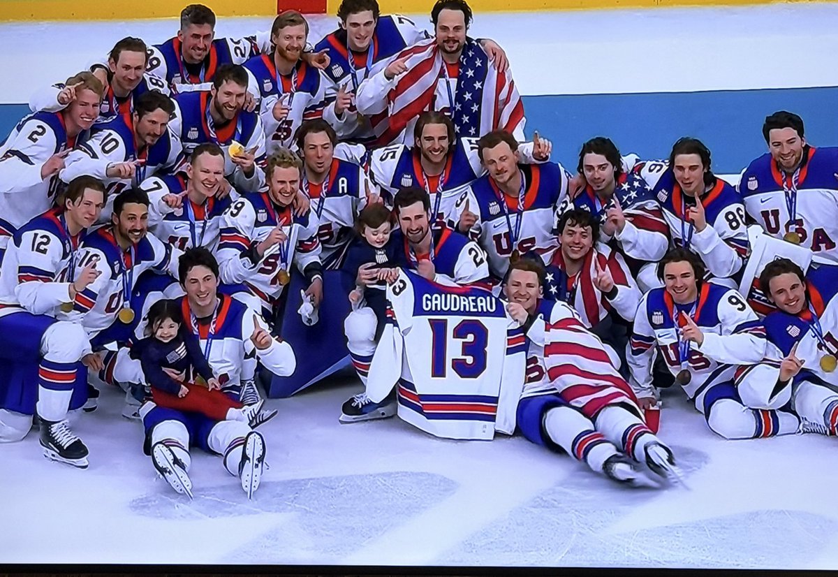 Team USA brings Noa and Johnny Jr. Gaudreau out onto the ice to celebrate the gold. Today is Johnny Jr.’s 2nd birthday ❤️🥹