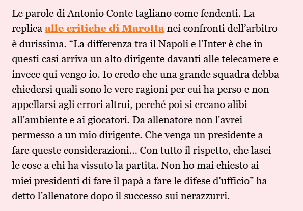 ncorrasco's tweet photo. Strano che Manna si presenti a protestare per un errore arbitrale. Ricordo che Conte in passato si era espresso in modo chiaro dopo Napoli-Inter. Avrà cambiato idea.

Ecco le sue parole dopo la vittoria contro l'Inter (riprese da https://t.co/2GSmrr98y2). https://t.co/N0gJBXewvG