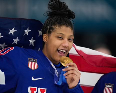 DubTrixxx's tweet photo. Laila Edwards (born January 25, 2004) is an ice hockey player. In 2023, she became the first Black woman to play for the U.S. Women’s National Team. In 2026, she led Team USA to Olympic gold, becoming the first Black woman to win gold in U.S. women’s hockey. #BlackHistoryMonth https://t.co/BSGiuD7pLw