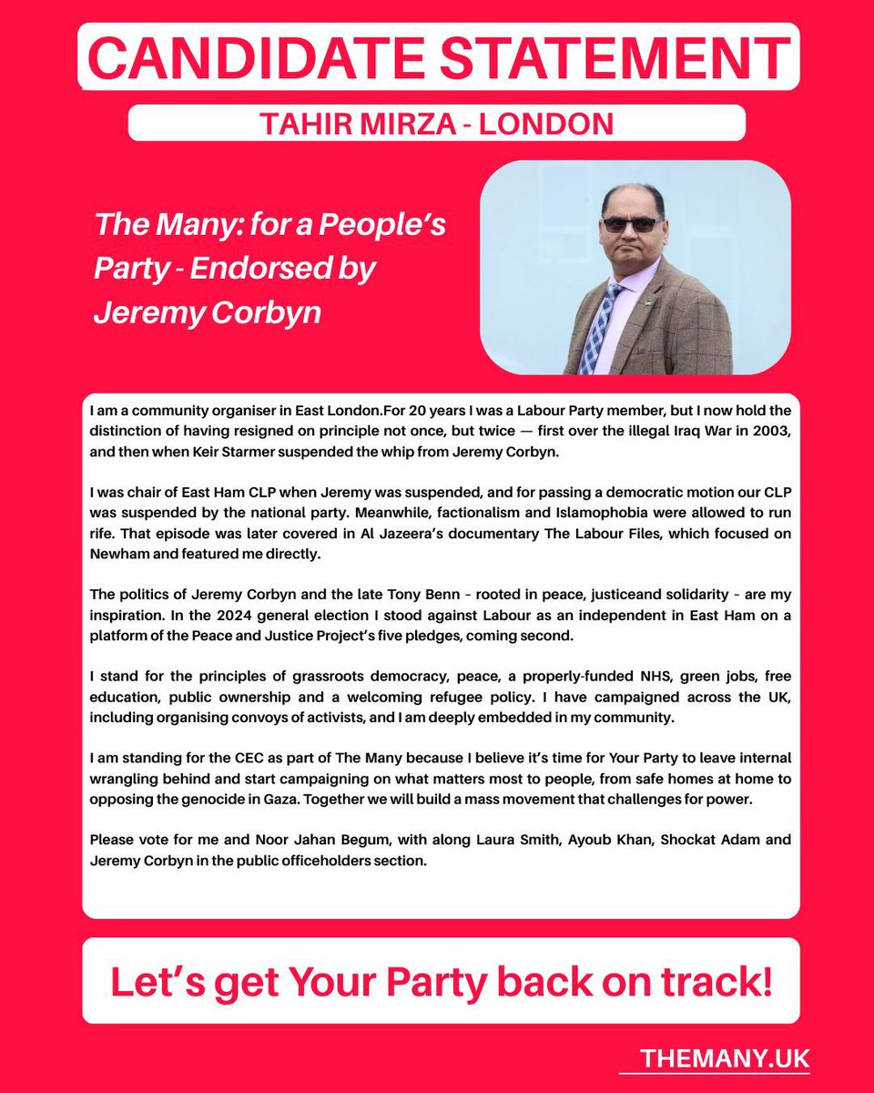 ⏰ 24 hours to go.
This moment can make or break the future of <a href="/thisisyourparty/">Your Party</a> . It’s about leadership, direction, and the kind of politics we believe in.
Stand with <a href="/jeremycorbyn/">Jeremy Corbyn</a> and support the <a href="/TheManyYP/">The Many</a> team for CEC.
This platform is based on three key pillars:

First,