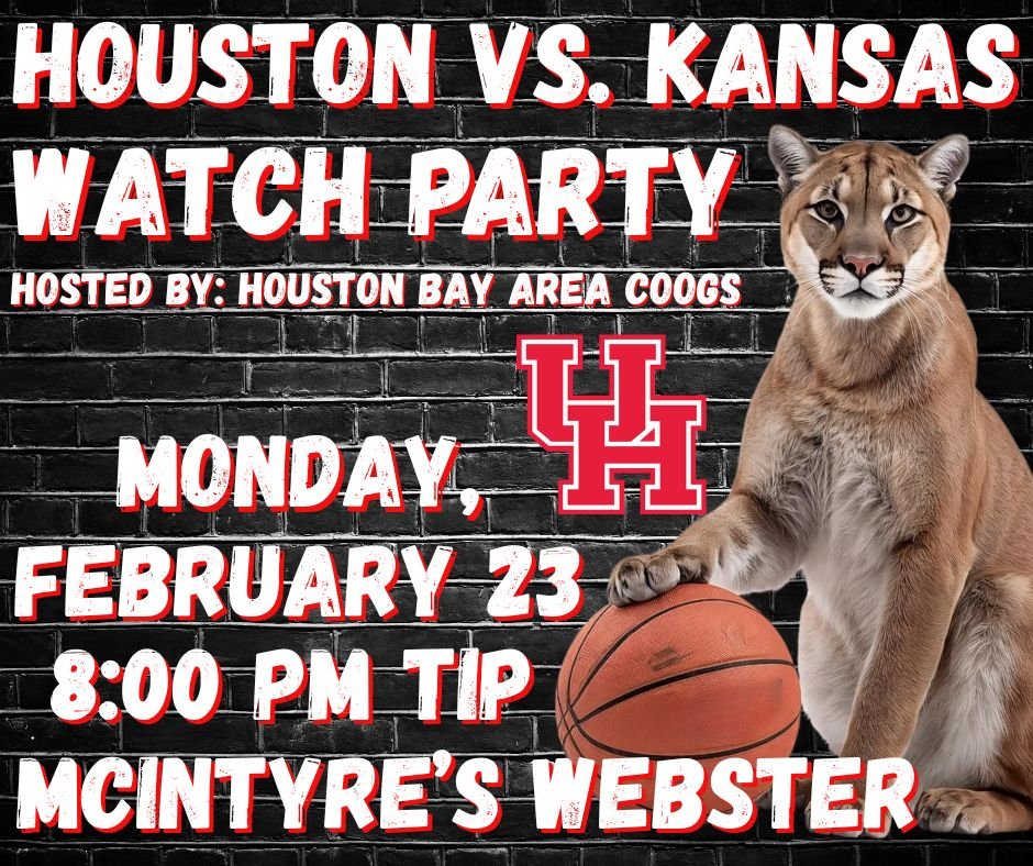 🐾🏀Coogs don’t flinch. They respond.🏀🐾
Houston vs. Kansas. Monday at 8PM — McIntyre’s Webster. Red runs deep. Be there. Go Coogs!
#ForTheCity #GoCoogs #Coogs #BayAreaCoogs #BeatKansas
<a href="/UHCougarMBK/">Houston Men's Hoops 🏀 🐾</a> <a href="/UHCougars/">Houston Athletics</a> <a href="/houstonalumni/">University of Houston Alumni</a> <a href="/UHouston/">University of Houston</a>
