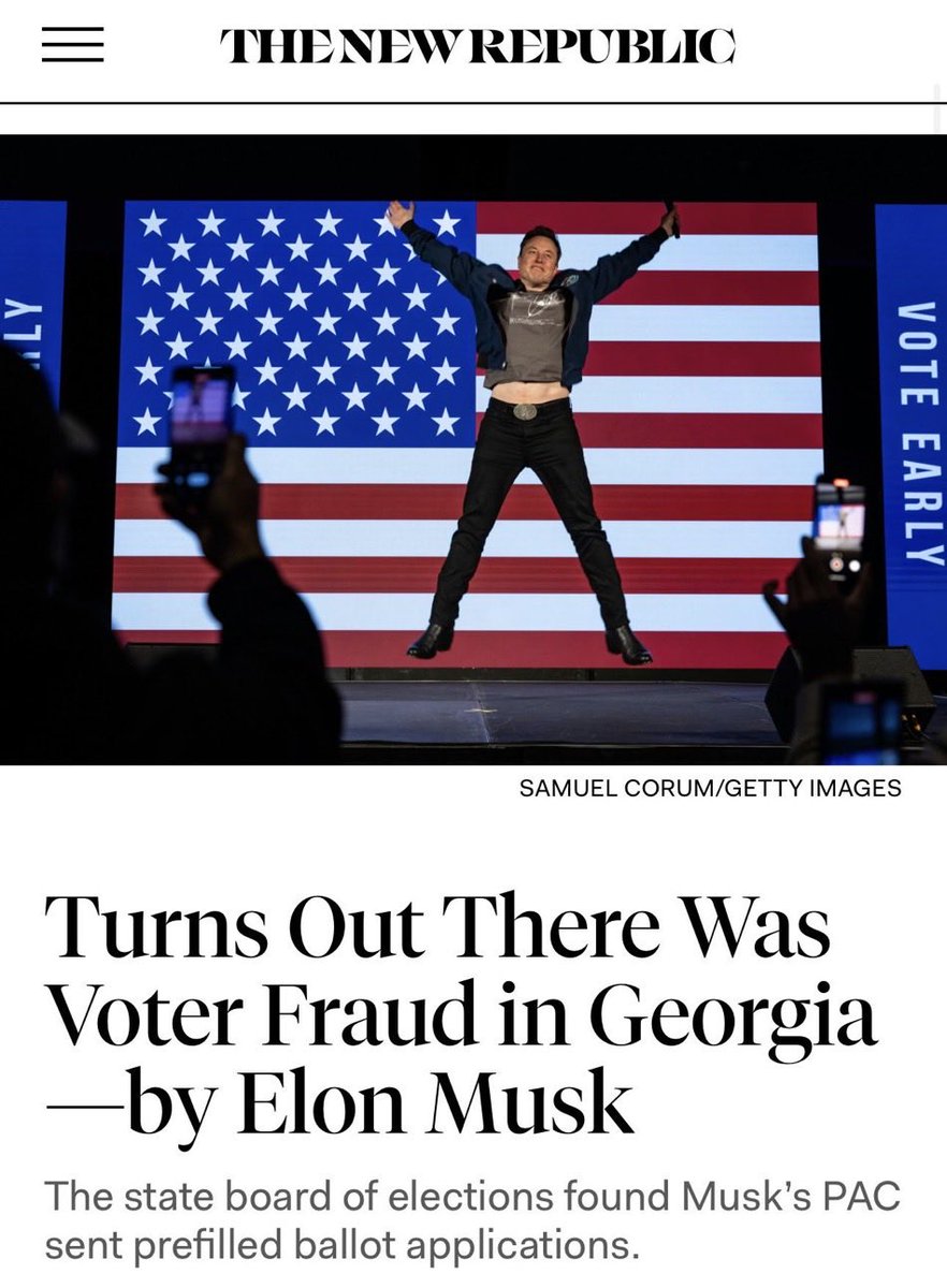 🚨REMINDER: Elon Musk COMMITTED MASS ELECTION FRAUD by sending out prefilled ballot applications.

Why hasn’t he been arrested ?

And there’s allegations of this President raping children, and threatening to kill children in the Epstein files, so why hasn’t he been arrested ?