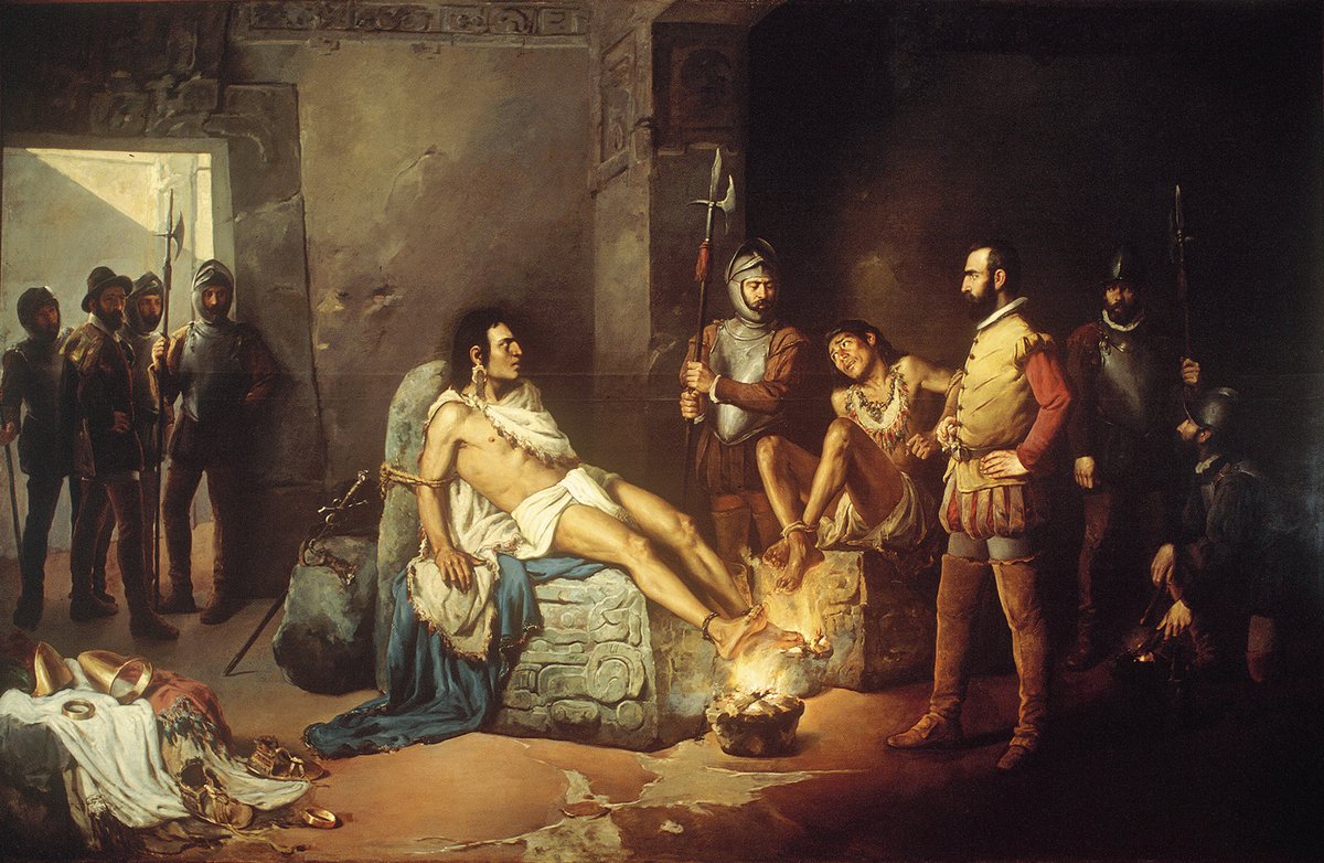 URDailyHistory's tweet image. 28 Feb 1525: After being captured by the #Spanish trying to defend Tenochtitlán, Cuauhtémoc, the last #Aztec Emperor, is tortured and killed by Spanish #conquistador Hernán Cortés. His death marked the fall of the Mexica Empire and the end of organized indigenous resistance in