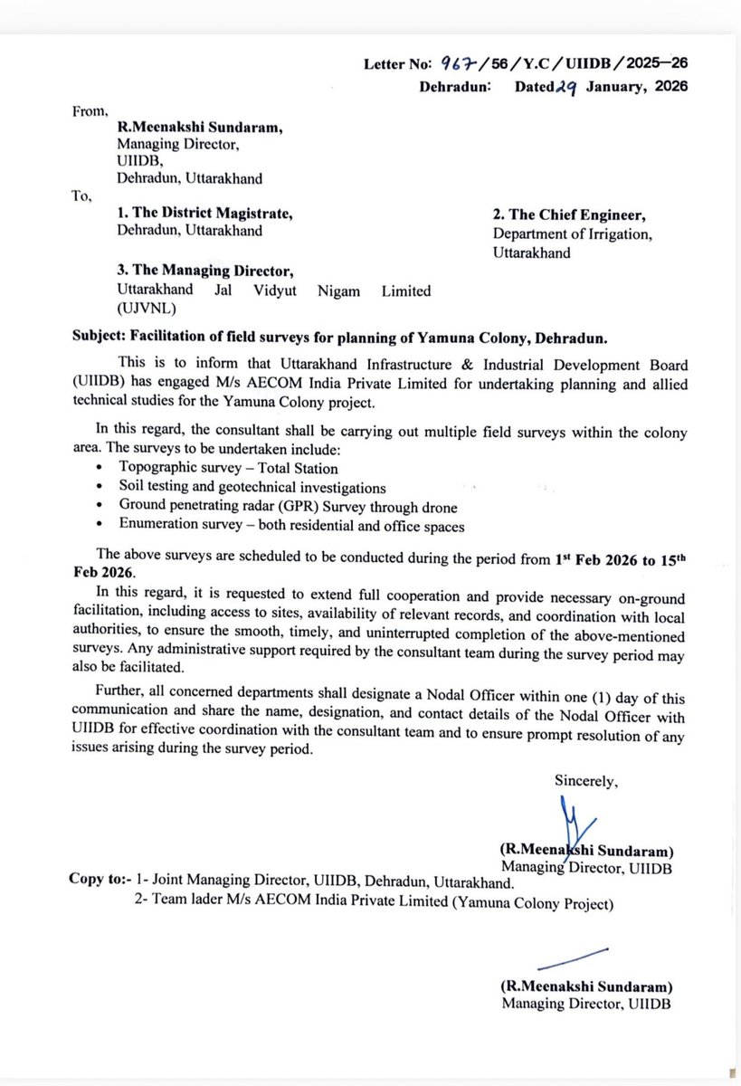 देहरादून की यमुना कॉलोनी में विधानसभा स्पीकर समेत मंत्रिगणों के अलावा मंत्री के समकक्ष महानुभावों के आवास है। 
राज्य सरकार ने इस कॉलोनी का Enumeration survey शुरू करा दिया है। कितनी ज़मीन है, कितनी उपयोग में है और कितनी ख़ाली है ? मिट्टी कैसी है इत्यादि ? इसके बाद क्या होगा किसी