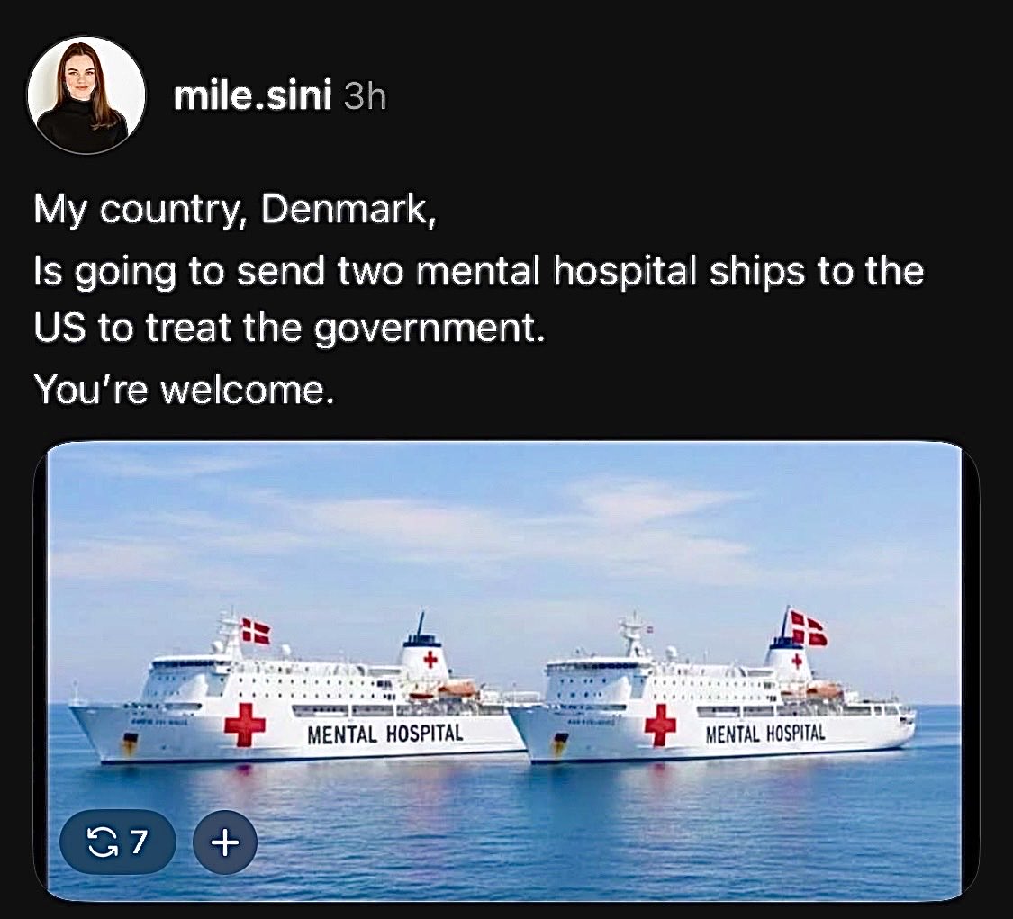 LakotaMan1's tweet image. A follower from Denmark says her country is sending help for our current government insanity.