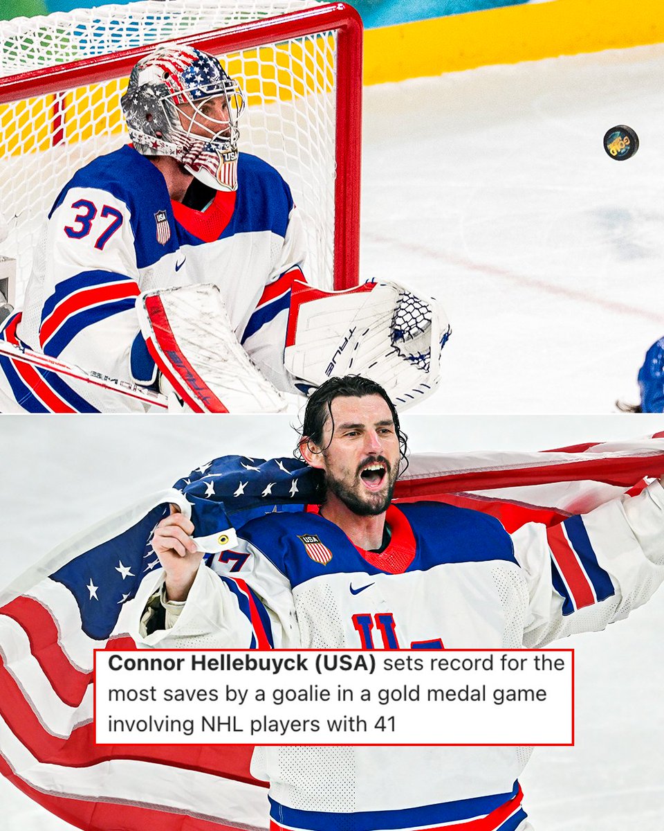 Connor Hellebuyck finished the game saving 41 of 42 shots 🏒 
 
That sets a new Olympic record for the most saves by a goalie in a single men's gold medal match involving NHL players 🔥