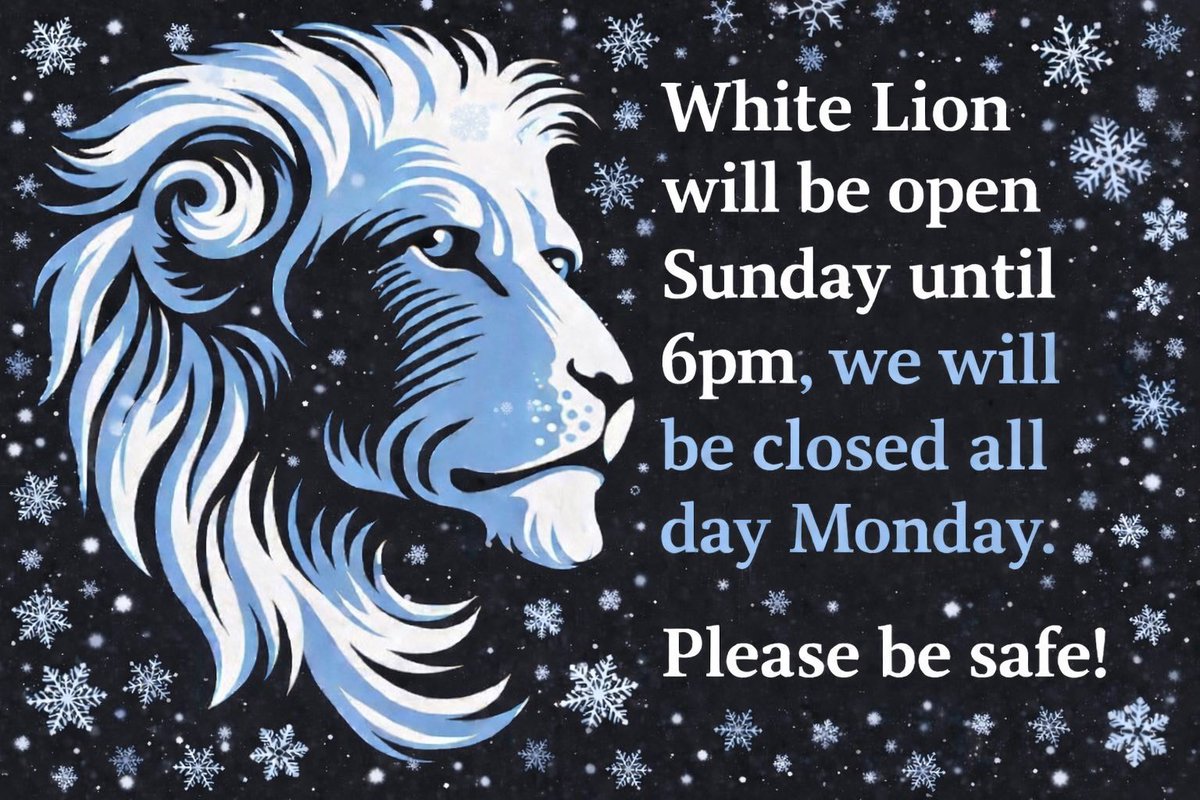 WhiteLionBrew's tweet photo. We have normal hours today - please be safe tonight and Monday. https://t.co/x4JUYLMKDF