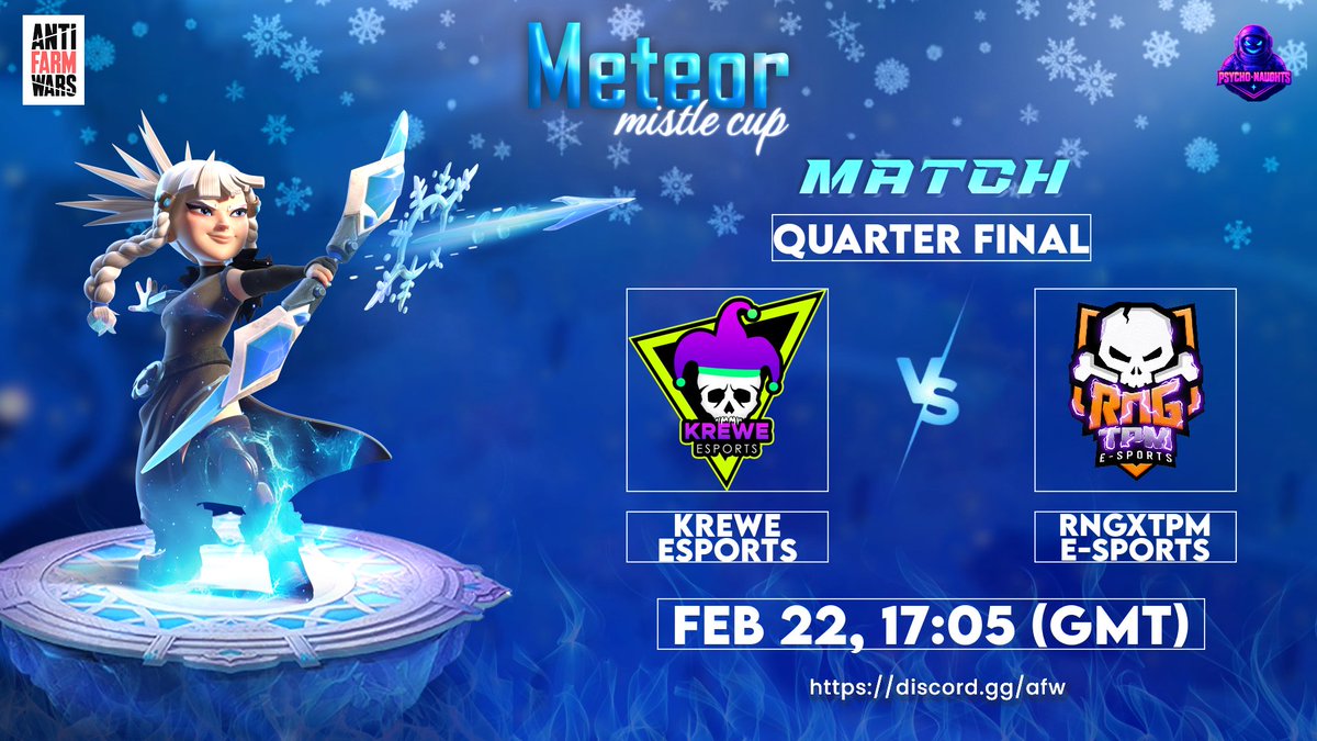 Entering Quarter Finals of the Meteor Mistle Cup. Wish us good luck as we enter into battle 🍻💪
⸻ ⋆★⋆ ⸻ 
🏆  Meteor Mistle Cup (QF)
⚔️  Krewe Esports vs RNGxTMP E-Sports
📅  22-Feb, 12pm EST/17:00 UTC
⸻ ⋆★⋆ ⸻ 
🎦 𝐖𝐚𝐭𝐜𝐡 𝐋𝐈𝐕𝐄:
mr_morningstaarr__
•Twitch: