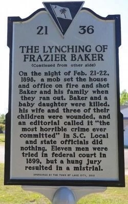 michaeleaves's tweet image. In the early morning hours of Feb. 22nd, 1898-six months after Frazier Baker was named postmaster of Lake City, SC-a white lynch mob set fire to the post office, which also served as his home. As he and his family fled, the mob shot and killed Frazier and his 2-year old daughter.