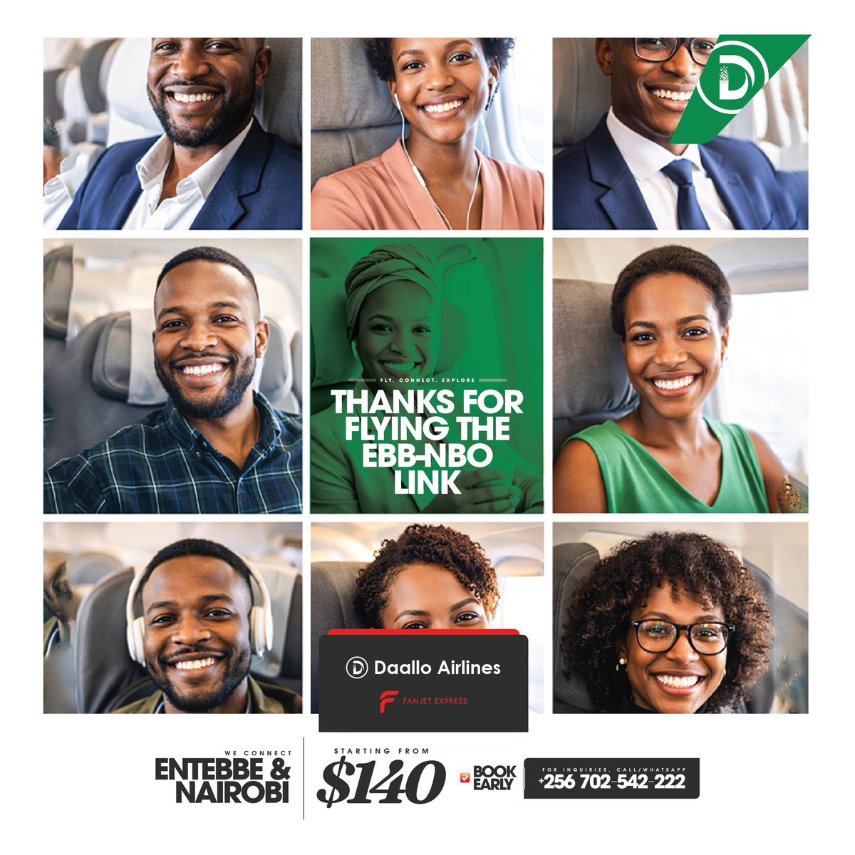 Entebbe–Nairobi made easy ✈️
From $140.

Tomorrow’s flight is approaching — secure your seat now.
📞 0702542222

#FlyDaallo #DaalloAirlinesUG #FanjetExpress