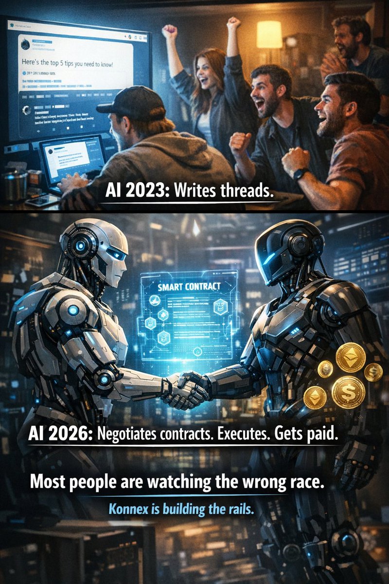 Most people are watching AI write tweets.
Few are watching AI negotiate contracts:
* Autonomous machines
* Smart job contracts
* Instant stablecoin settlement
That’s the real shift.
<a href="/konnex_world/">Konnex</a> is building the rails that let machines work, agree, and get paid trustlessly.