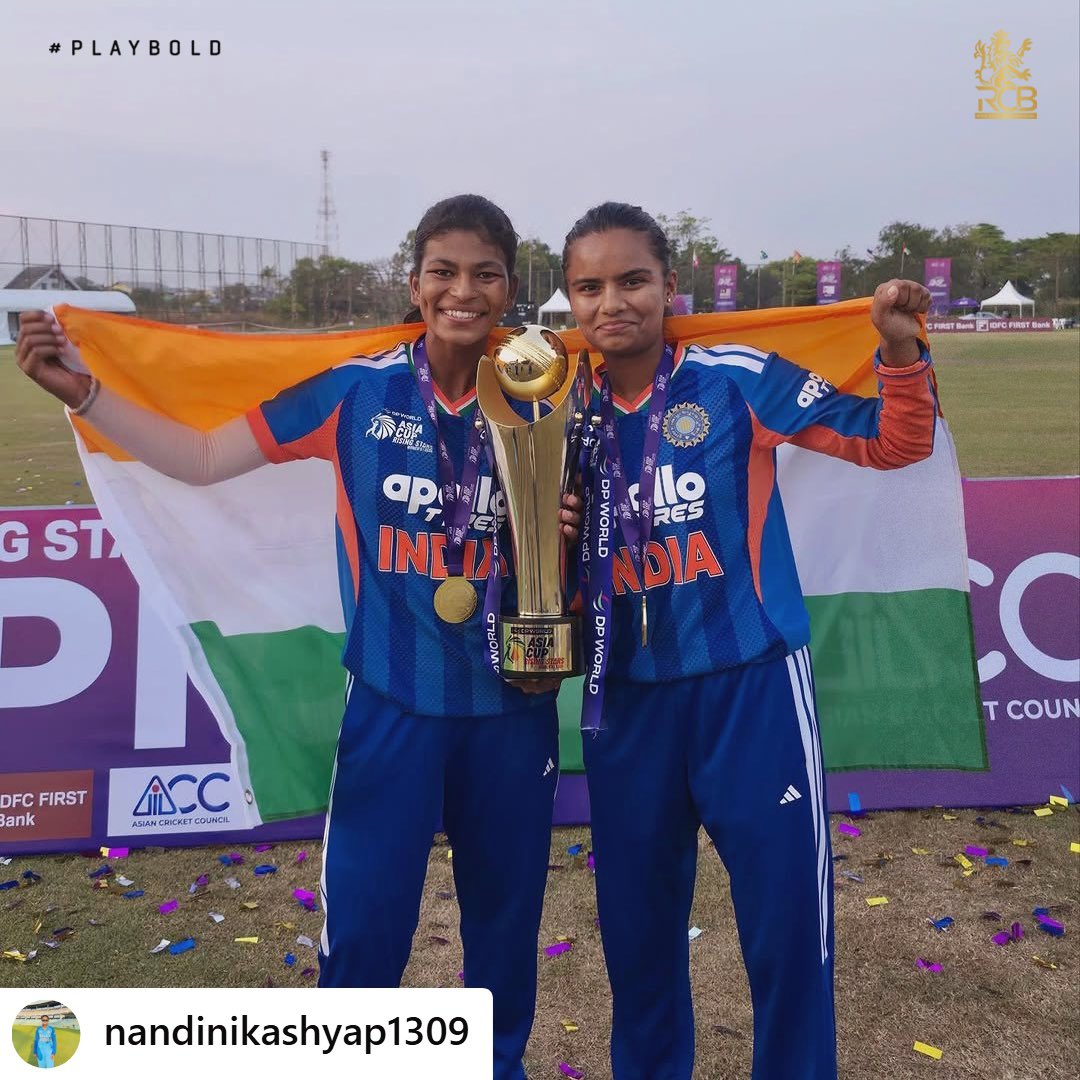 RCBTweets's tweet photo. 𝗖𝗵𝗮𝗺𝗽𝗶𝗼𝗻𝘀 𝗼𝗳 𝘁𝗵𝗲 #𝗪𝗼𝗺𝗲𝗻𝘀𝗥𝗶𝘀𝗶𝗻𝗴𝗦𝘁𝗮𝗿𝘀𝗔𝘀𝗶𝗮𝗖𝘂𝗽. 🤩🏆

Congratulations to Radha, Prema and the whole squad again, on a well deserved feat. Onwards &amp; Upwards only! ❤️‍🔥🌟

#PlayBold #ನಮ್ಮRCB https://t.co/k15boot7OK