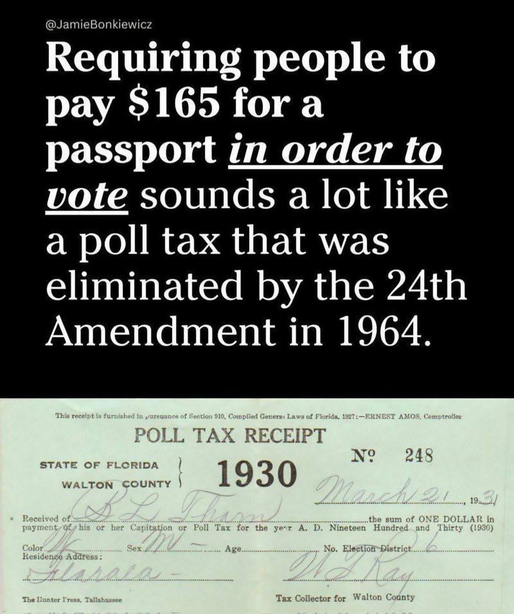 GenoVeno73's tweet image. Unless ALL the required documents the SAVE Act deems as "proof of citizenship" (birth certificates, IDs, passports, etc.) are obtainable FREE OF CHARGE — the SAVE Act is nothing more than a Poll Tax on the American voters, and it is therefore, UNCONSTITUTIONAL.

👇👇👇👇