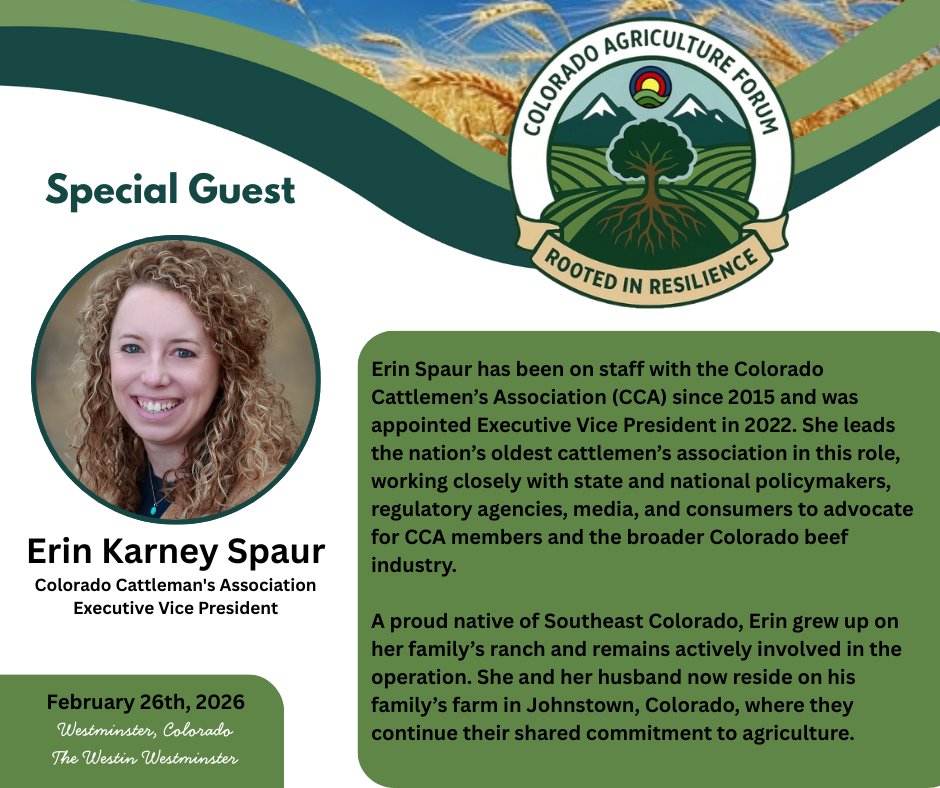 ColoAgLeaders's tweet photo. Erin Karney Spaur joins us at the Colorado Ag Forum and will present a breakout session called, "Inside Colorado Cattleman's Association: A Candid Conversation on Cattle Industry Challenges." #RootedinResilience  #ColoradoAgForum #CattlemenAssociation https://t.co/EMVSEg1mQ3
