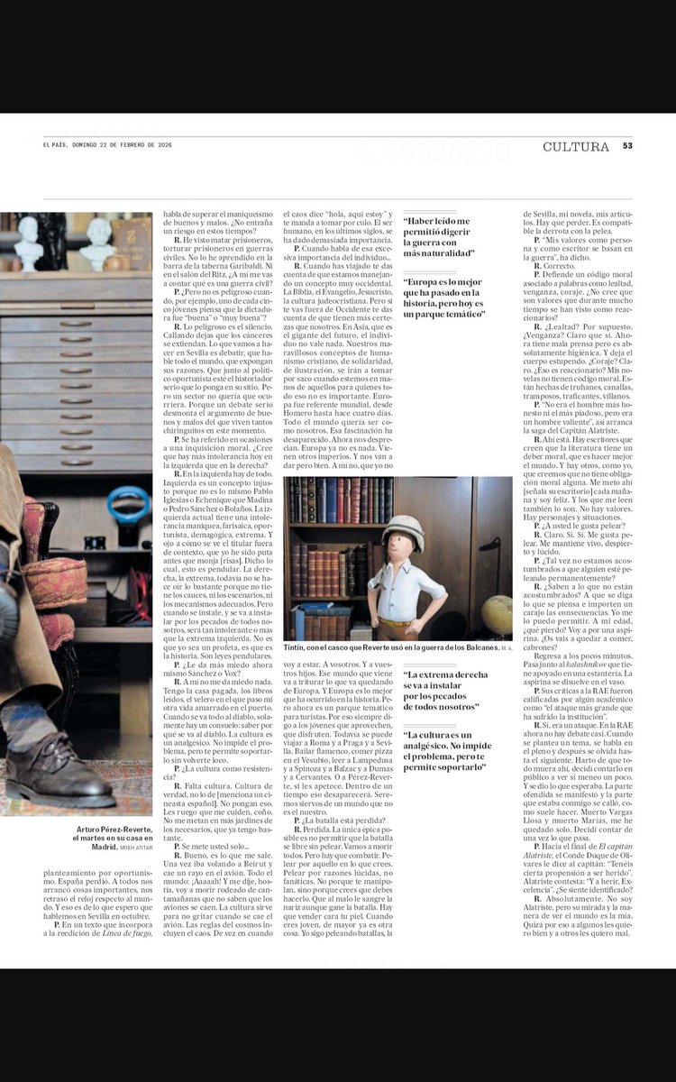 jgalemparte's tweet photo. Después de su polémica con la RAE (muertos Vargas Llosa y Marías me quedé solo), y del seminario suspendido sobre la Guerra Civil “La Guerra que perdimos todos” por el uso de la guerra como instrumento político, es imprescindible leer la entrevista de hoy de @perezreverte en @el_pais y sus definiciones.
