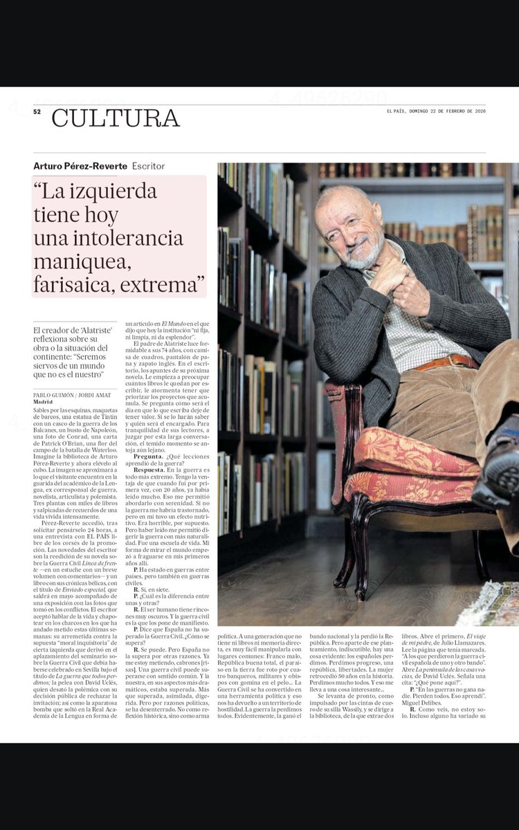 jgalemparte's tweet photo. Después de su polémica con la RAE (muertos Vargas Llosa y Marías me quedé solo), y del seminario suspendido sobre la Guerra Civil “La Guerra que perdimos todos” por el uso de la guerra como instrumento político, es imprescindible leer la entrevista de hoy de @perezreverte en @el_pais y sus definiciones.