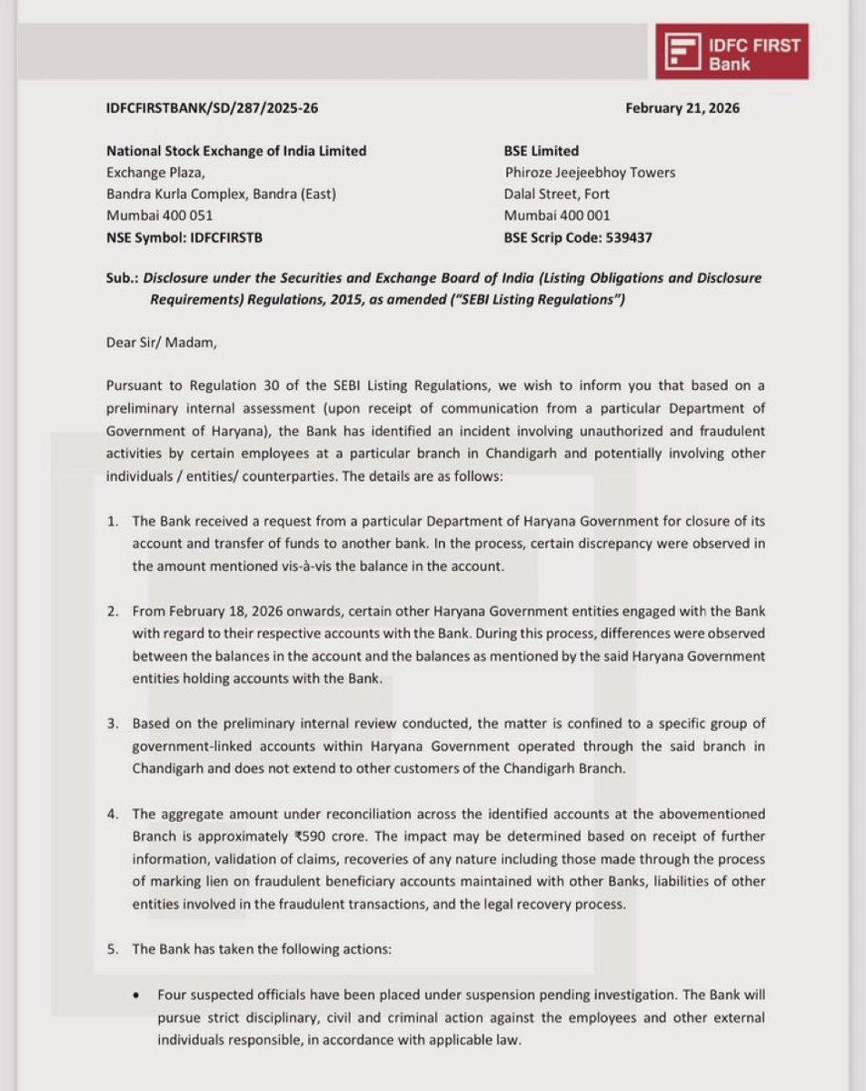 ButterPaav's tweet photo. Idfc first bank reports 590 Cr fraud. #idfcfirstb https://t.co/2LX8kb4Bpk