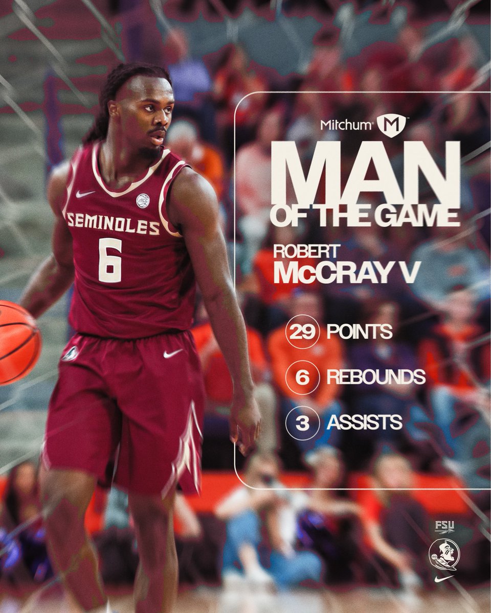 FSUHoops's tweet image. Clutch in Clemson. McCray V drops 29 and seals it – Mitchum Man of the Game.

#connected | @Mitchum