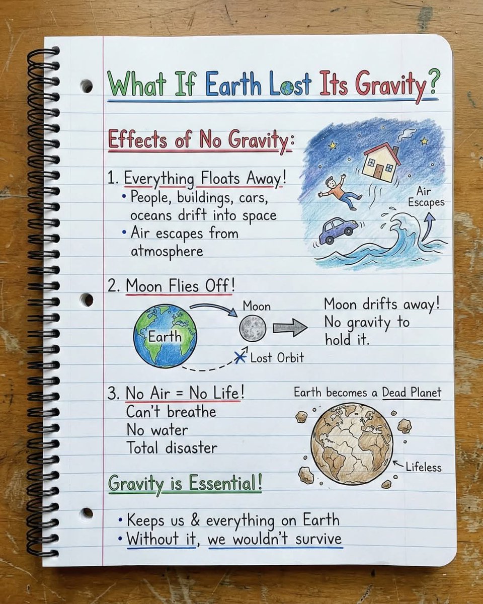 🌍 What If Earth Suddenly Lost Gravity?

Imagine waking up and everything starts floating…

Without gravity:
• Oceans drift into space
• Air escapes the atmosphere
• The Moon flies away
• Life becomes impossible

Gravity keeps us grounded — literally.