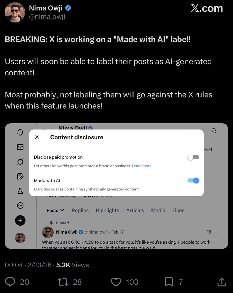 abskoop's tweet image. X测试新功能：发帖新增 Made with AI 开关
  
一键开启，自动打上AI生成标签

提升透明度，防假新闻 🥸

目前功能还在测试中

#X更新 #MadeWithAI