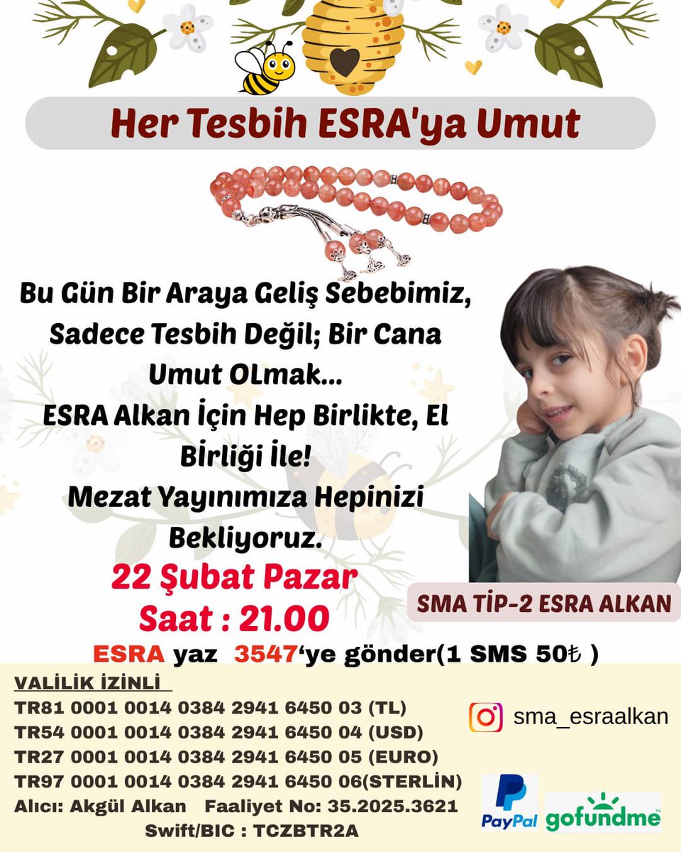 ⏳ ZAMAN DARALIYOR

SMA Tip-2 Esra Alkan için bugün mezat yayını var.
🗓 22 Şubat Pazar (Bu akşam)
⏰ 21.00

Bir tesbih, bir umut demek.
Bir RT, bir can demek.

📲 ESRA yaz 3547’ye gönder (1 SMS 50₺)

Valilik izinli kampanyadır.
İnstagram: @sma_esraalkan 

#EsramızınYüzüGülsün