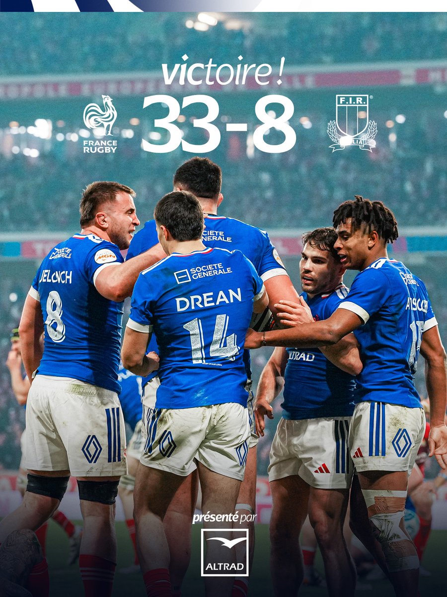 😍 Les Bleus s’imposent à Lille face à l’Italie avec le bonus offensif ! #FRAITA
Le #XVdeFrance reste invaincu dans ce Six Nations ! 🔥