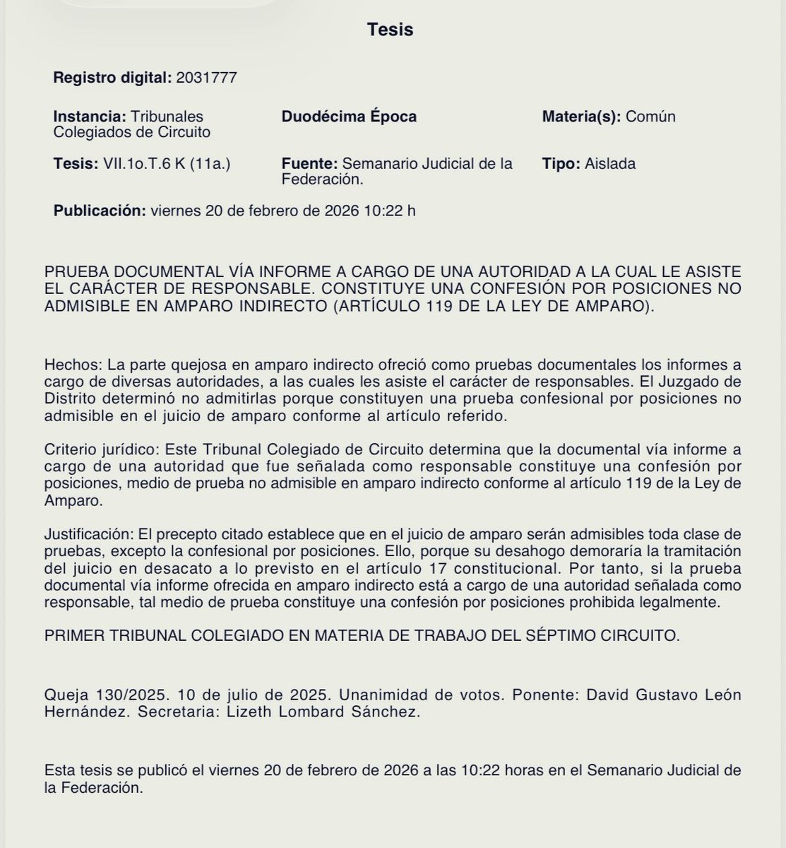 La documental vía informe a cargo de una autoridad que fue señalada como responsable constituye una confesión por posiciones, medio de prueba no admisible en #amparoindirecto

#EnColegiado