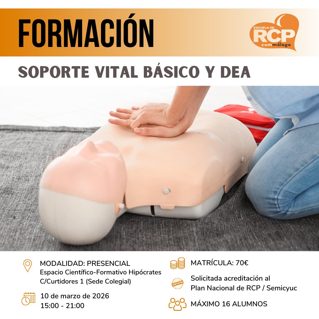 Commalaga's tweet image. ❤️ ¡Seguimos empeñados en salvar vidas! 

❤️ Curso de Soporte Vital Básico y DEA | 10 de marzo
❤️ Acreditación solicitada a @PlanNacionalRcp  
❤️ Plazas Limitadas
❤️ Matrícula 70€
❤️ Presencial y Online / Teórico y Práctico

🔗 commalaga.com/formacion-comm…

#cursoscommálaga 
#rcp