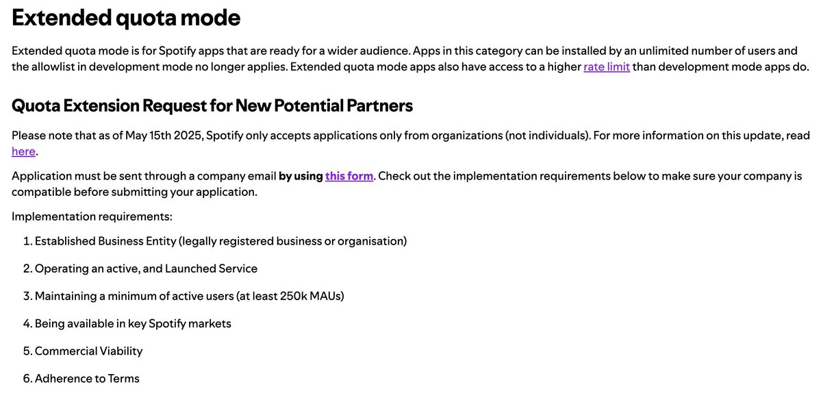 Geçmişten elinde Spotify API extended quota bulunan bir babayiğit var mıdır? Direkt hesap satın alabilirim. Şu an extended quota almak neredeyse imkansız. 250k MAU gibi uçuk bir şartları var.