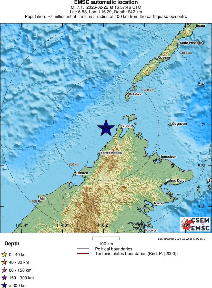 A deep magnitude 7.1 earthquake struck offshore Sabah, Malaysia early Tuesday, according to the USGS, marking Malaysia's first-ever recorded magnitude 7+ earthquake.