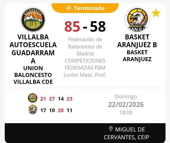 BasketAranjuez's tweet photo. Derrota del #JunMasc en la cancha de @ubvillalba. #Alberto: "Mal partido del Junior que no tuvo intensidad, concentración y capacidad para competir ante el ritmo de rival." https://t.co/SYKlOXOy3F
