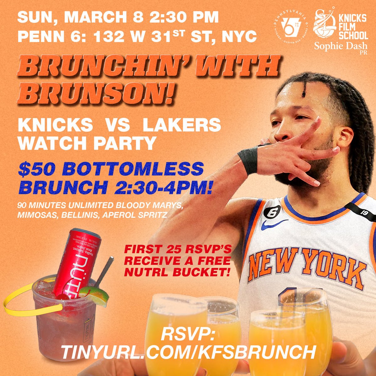 Join KFS and <a href="/sophieedash/">Sophie Dash 🇭🇹</a> for a Sunday Funday as the Knicks take on the Lakers!

Whether you’re up for bottomless brunch, brunch a la carte or just (food and) drinks, pull up and watch Knicks basketball!

Sun 3/8, 2:30p | Penn 6: 132 W 31 St NYC

RSVP: eventbrite.com/e/brunchin-wit…