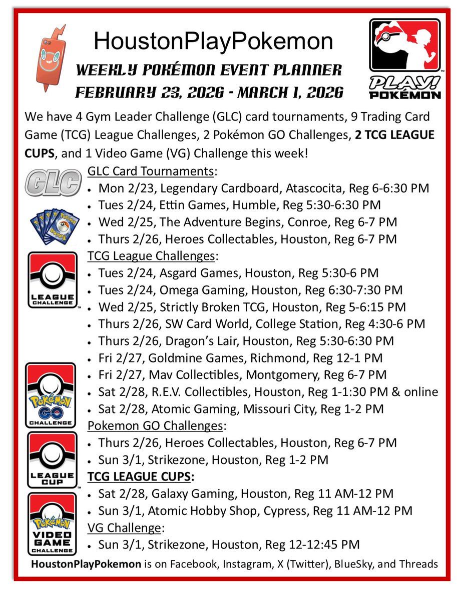 Weekly Pokémon Event Planner for February 23-March 1, 2026. We have 4 Gym Leader Challenge (GLC) card tournaments, 9 Trading Card Game (TCG) League Challenges, 2 Pokémon GO Challenges, 2 TCG LEAGUE CUPS, and 1 Video Game (VG) Challenge this week! #PlayPokemon