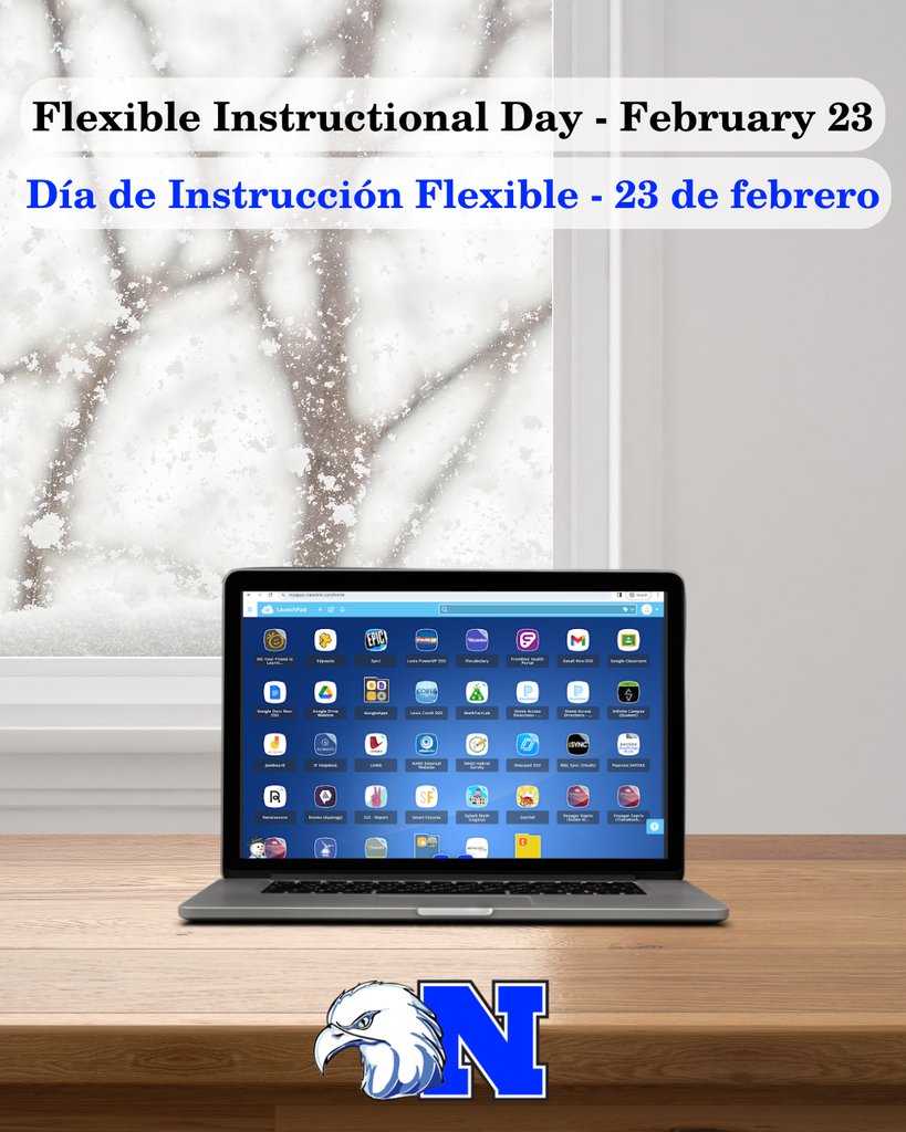 🚨❄️ Debido a las inclemencias del tiempo, las escuelas y oficinas del NASD permanecerán cerradas mañana, lunes 23 de febrero. Las clases continuarán a través de la modalidad de Día de Instrucción Flexible (FID). Revisa su correo electrónico para obtener más información.