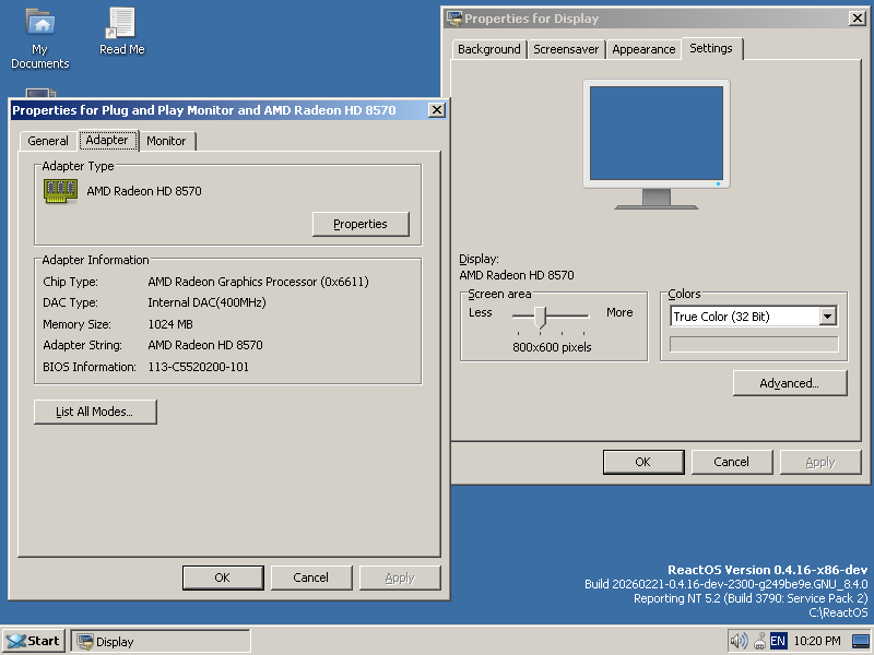 reactos's tweet photo. With a WIP PR applied, driver of AMD Radeon HD 8570 works on #ReactOS!! https://t.co/66zEDpStX6