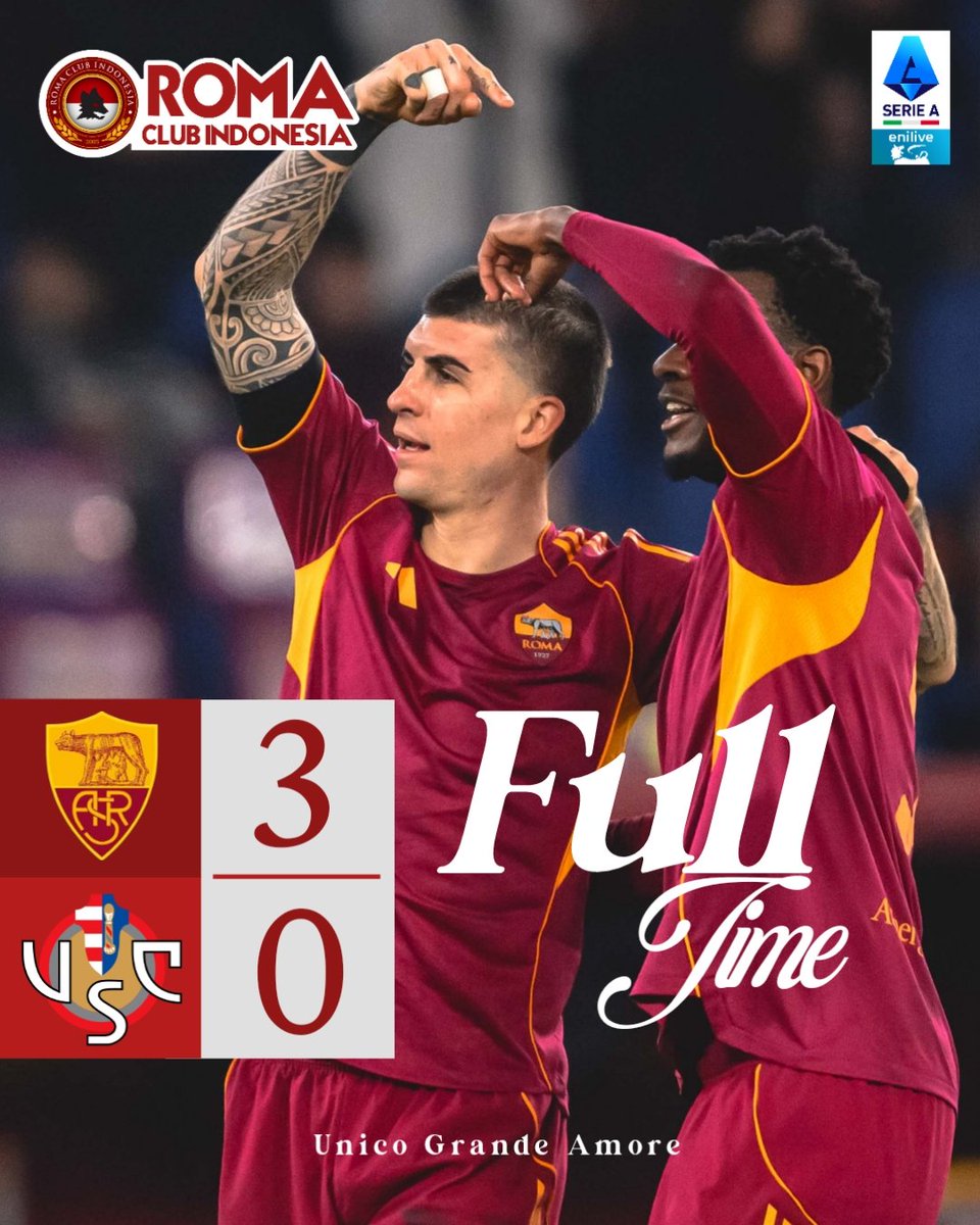 RomaIndonesia's tweet photo. Full-time
AS Roma 3 - 0 Cremonese 

.
.

#romacremonese
#romaclubindonesia
#unicograndeamore https://t.co/lRs9MJlcLi