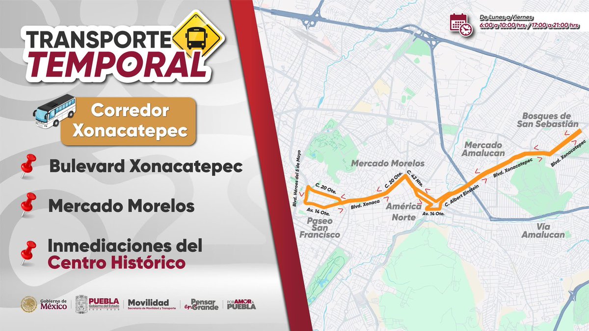 🚍 Opciones de traslado en servicio

Operan 4 rutas provisionales en zonas de alta demanda, con unidades de Estrella Roja y ADO, realizando paradas cada 300 metros para mayor cobertura.

⏰ Horarios: 6:00 a 10:00 h y 17:00 a 21:00 h
💰 Sin incremento en la tarifa

El <a href="/Gob_Puebla/">Gobierno de Puebla</a>,