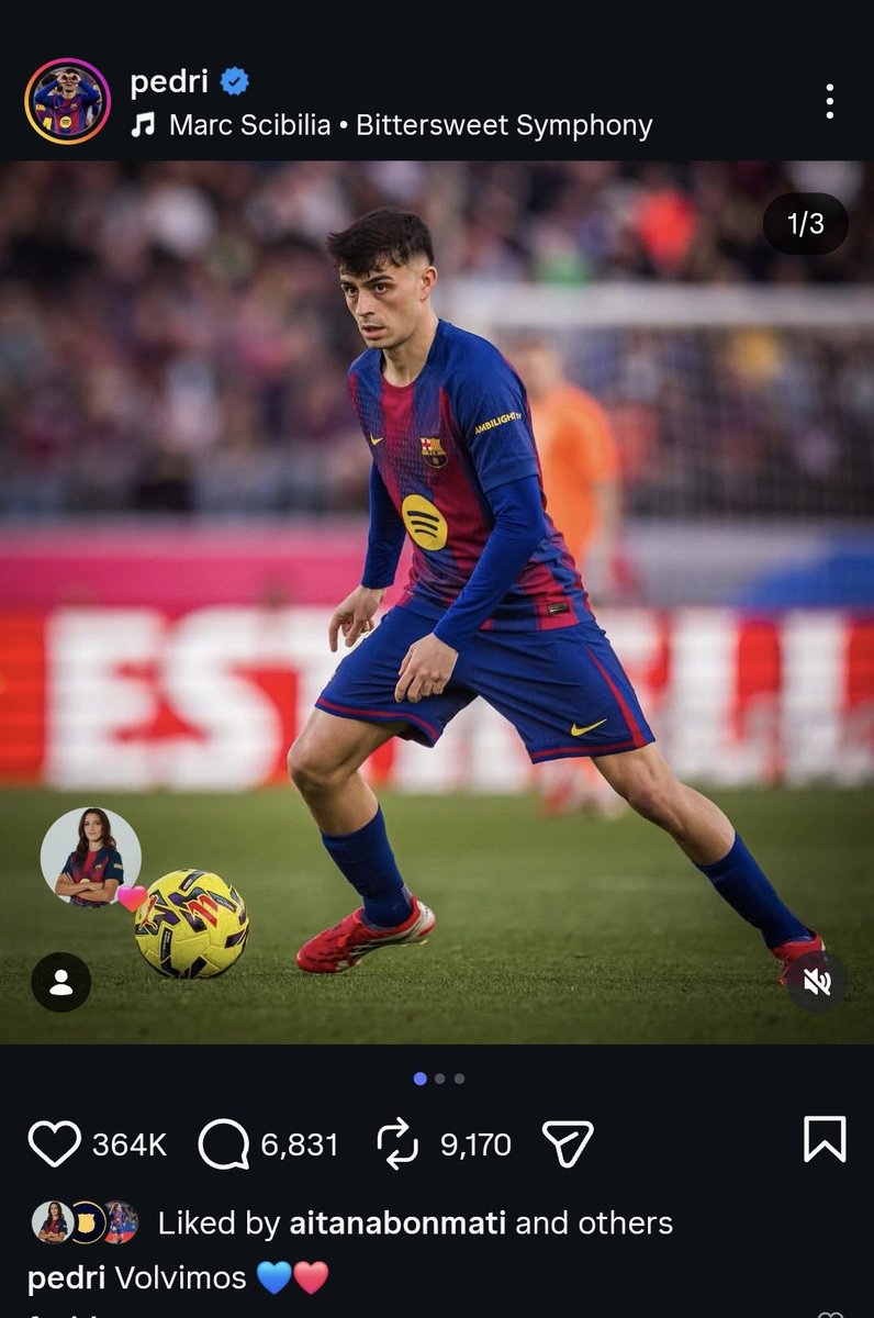 Bonmatimessi's tweet photo. Aitana Bonmatí liked Pedri's recent post on Instagram 💙❤️ https://t.co/TveDktJ1xf