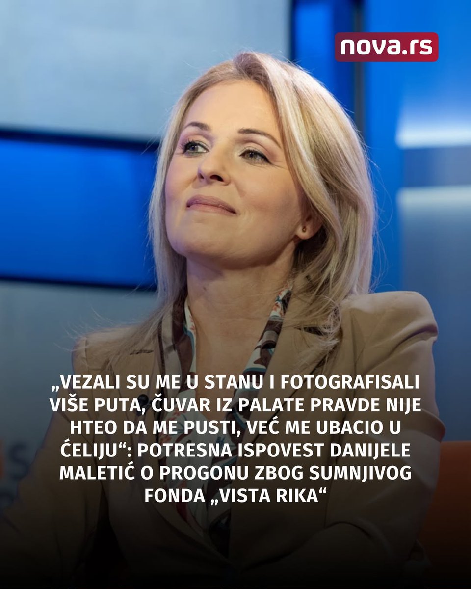ZeljkoKisa's tweet photo. #Repost @nova.rs_portal

"Danijela Maletić, nekadašnja pomoćnica direktora Uprave za sprečavanje pranja novca pri Ministarstvu finasija, večeras je u „Utisku nedelje“ ispričala šta se dogodilo pre nekoliko dana kada joj je policija zalupala na vrata porodičnog stana, a potom saopštila da je uhapšena po nalogu tužilaštva.

Maletićeva je, podsetimo, pre godinu dana dobila otkaz u Upravi, nakon što je radeći svoj posao, došla isuviše blizu privatnog fonda „Vista Rika“, čiju su vlasnici osobe bliske režimu, a u koji su druge osobe, podjednako bliske režimu, uplaćivale veće svote novca.

Maletićeva je ispričala da joj je godinu dana nakon otkaza, ali i otverenih pretnji većinske vlasnice „Vista Rike“ Tatjane Vukić, bliske braći Vučić, a potom i njenog neposrednog nadređenog, odnosno direktora Uprave Željka Radovanovića , policija jedan dan došla na vrata.

Saopštili su joj, kako je ispričala, da imaju nalog za njeno privođenje, a potom je zamolili da krene sa njima.

Vezali je lisicima, pa slikali iz tri navrata
„Sve vreme su se kretali za mnom po stanu, uz obrazloženju da ni u toalet ne smeju da me puste bez nadzora. Nakon što sam se spremila, brutalno su me vezali lisicima, a potom rekli da moraju da me slikaju. Verujem da su te lisice služile da komšiluk vidi kako me odvode, ali nažalost nisu uspeli u nameri jer je komšiluk posle svega ponosan na svoju komšenicu. Ispred automobila su me ponovo slikali, a potom još jednom kad smo došli sipred sedišta UKP“, ispričala je Maletićeva."

Opširnije na našem sajtu 👉🏻 https://t.co/nxFrhBBJmc

Foto: Ivan Dinić/TV Nova