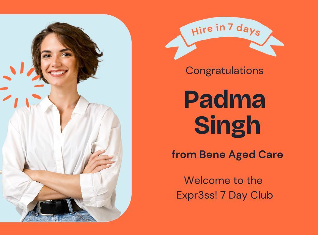 The future🔮of recruitment is swift 🌬️ 

We welcome Padma from @BeneAgedCare to the Expr3ss! 7 Day Club ⭐️  Congratulations!

Our Users know how to make high-quality hires in record-breaking time💥 

Join the 7 Day Club 👉️ expr3ss.com/7-day-club
#7DayClub #HireFast #HR