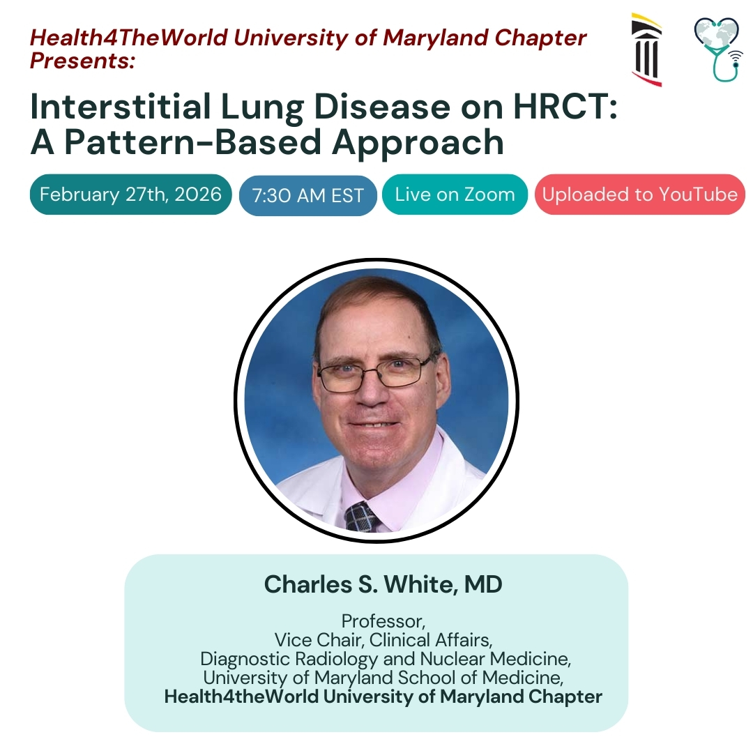 CharityH4TW's tweet image. Join us as Dr. Charles S. White explores a pattern-based approach to #HRCT in #interstitial #lungdisease on February 27, 2026  at 7:30 AM EST on Zoom
Hosted by the H4TW University of Maryland Chapter
@UMmedschool @UMMCRadiology @UofMaryland 
Register here:us02web.zoom.us/webinar/regist…