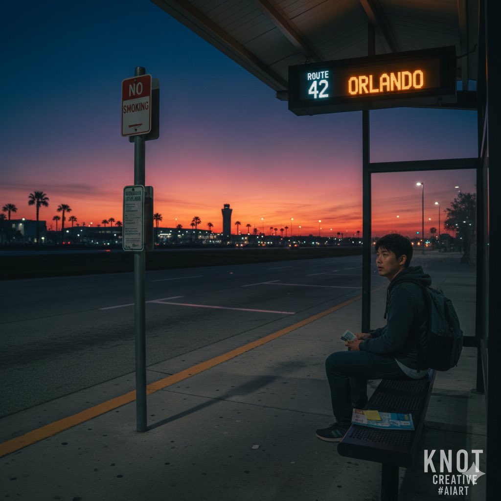 ROUTE808_KNOT's tweet photo. 初めてのフロリダ
徹底的に調べ「バスで行くぞ」と意気込んだものの現地の英語アナウンスはもはや呪文

結局自分の「勘」を信じて降りた先は…

走り去るバス、知らない街
節約分以上がタクシー代に消えましたが、この冷や汗の積み重ねが私の財産です

#AIART #KNOTCREATIVE

（AIのイメージ画像） https://t.co/Jf4DNvNArq