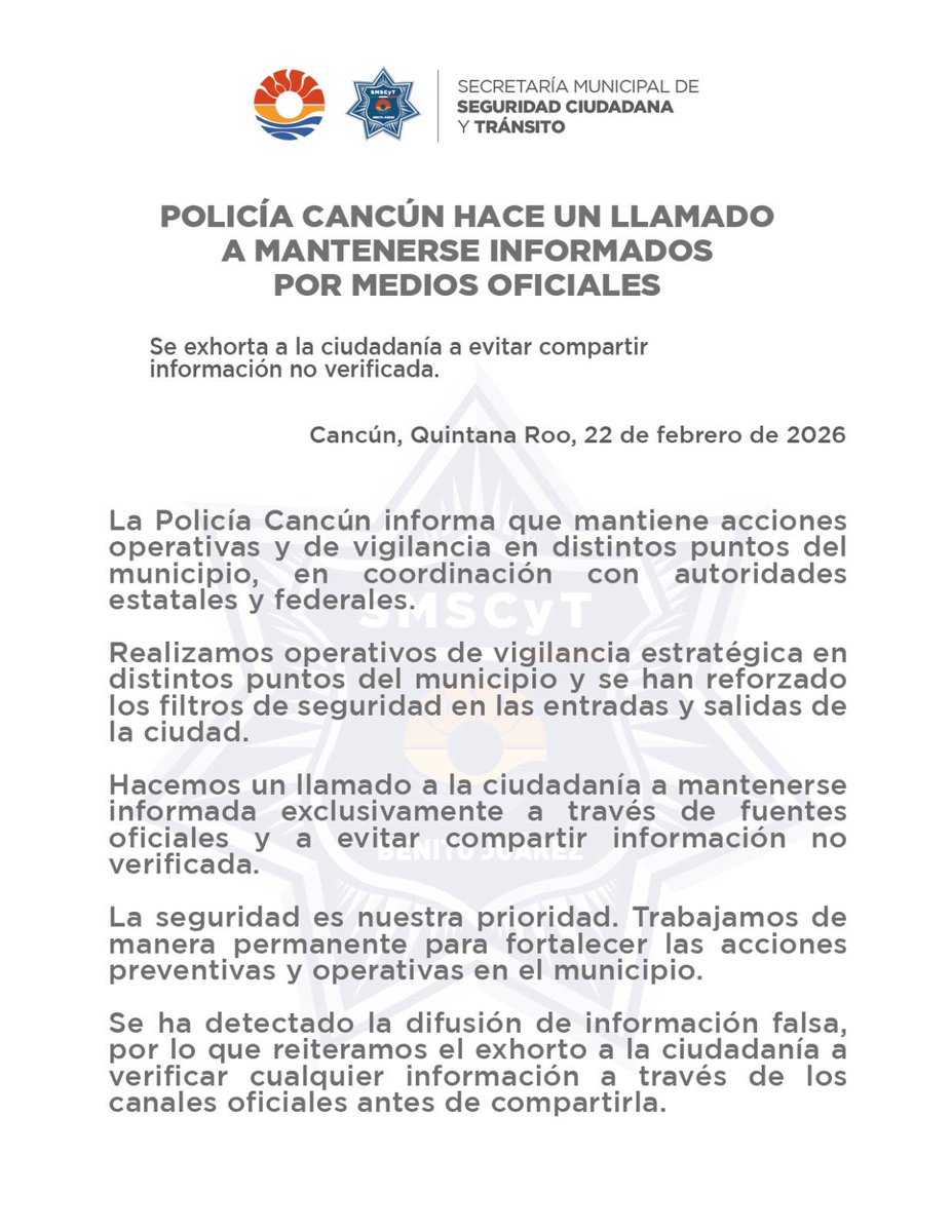 Llama Policía de Cancún a mantenerse informados por medios oficiales, ante difusión de noticias falsas sobre hechos violentos dlvr.it/TR62Lf